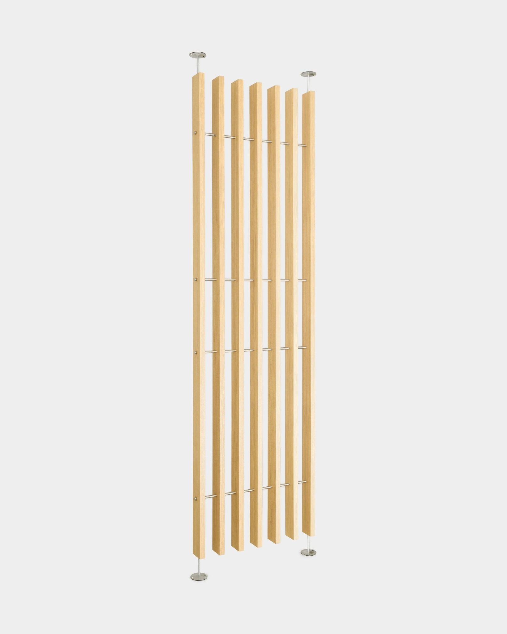 WoodUpp EMBRACE room divider BM1, 236-252 cm, features vertical natural oak slats with metal rods and round bases; installs floor-to-ceiling without drilling.